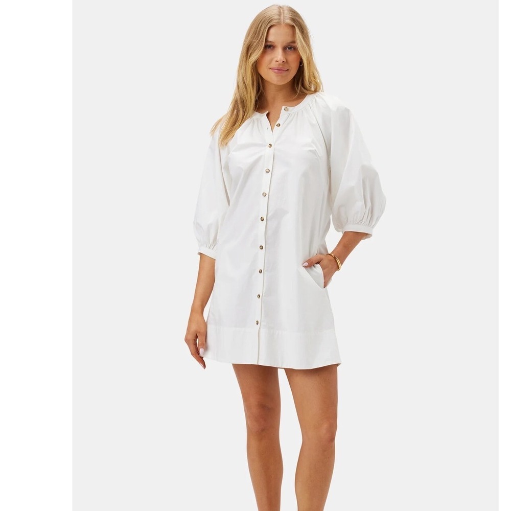 NWT Women's Amour Vert Esther Organic Cotton White Poplin Dress Size Large $195